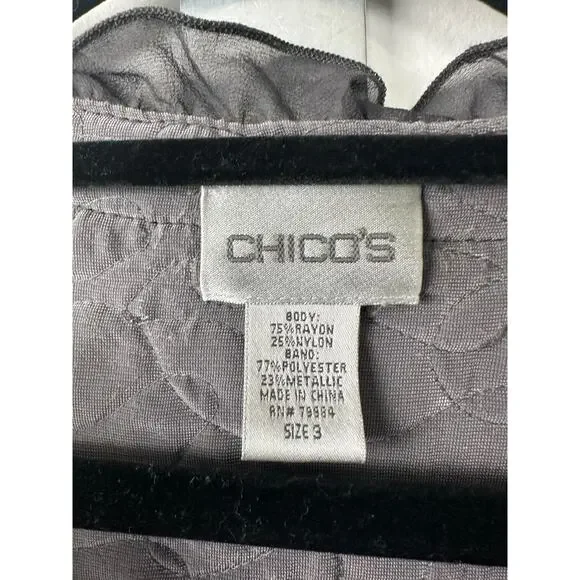 Chico's Velvet Silver Cord Ruffled Jacket sz XL Dark Grey Boho Retro V Neck E10 - Picture 3 of 7